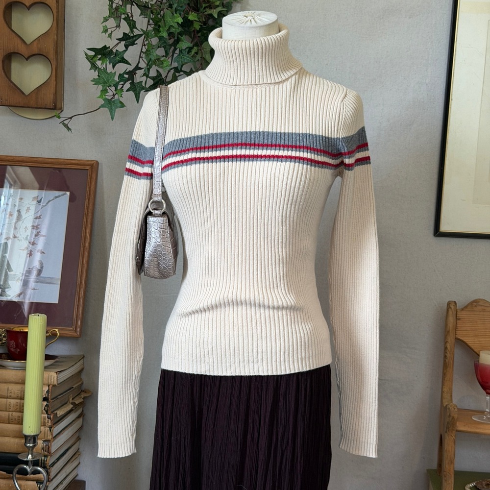 Cream Chest Stripe Turtleneck Sweater Ribbed Knit Vintage 90s M Fitted Preppy